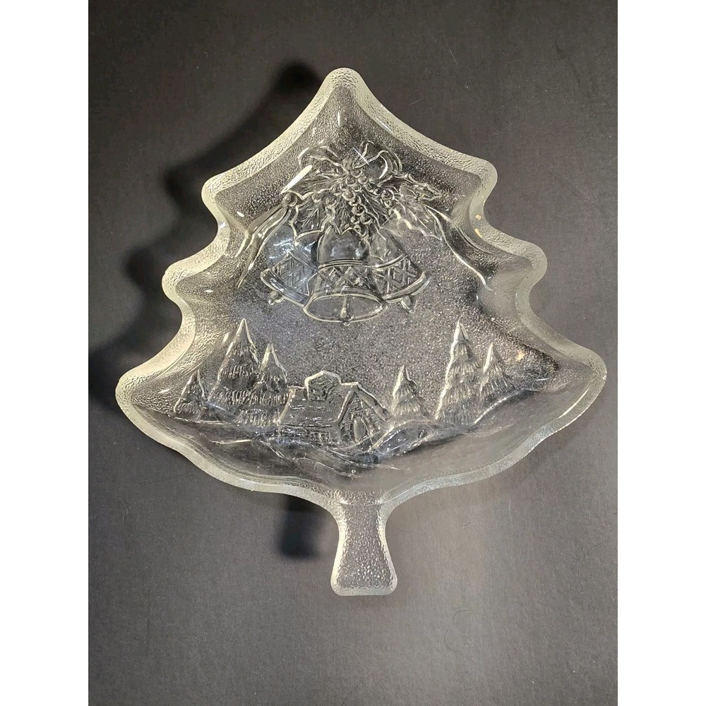 Vintage Candy Dish‎ Christmas Tree Shaped Vintage Embossed Bells Cabin Scene